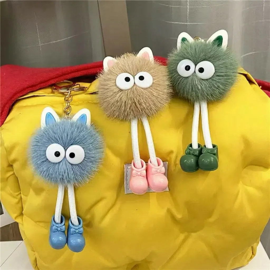 Cute Plush Monster Keychain Long Leg Big Eye Soft Round Ball Bag Charm Cartoon Keyring Colorful Shoes For Women Girls
