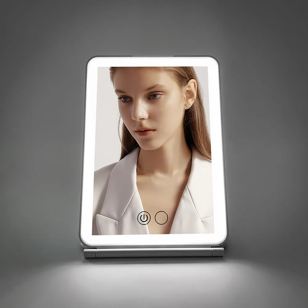 Portable LED Makeup Mirror Folding Travel Vanity Mirror With 3 Color Lights Dimmable Touch Control Rechargeable Slim