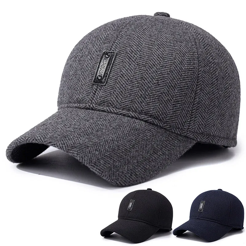 Men Winter Baseball Cap Woolen Herringbone Warm Windproof With Ear Flaps Adjustable Casual Outdoor Sports