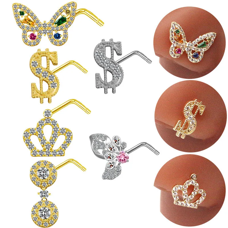 Nose Studs Body Piercing Jewelry 316L Stainless Steel Copper Cubic Zirconia Butterfly Dollar Sign Crown Shape For Women