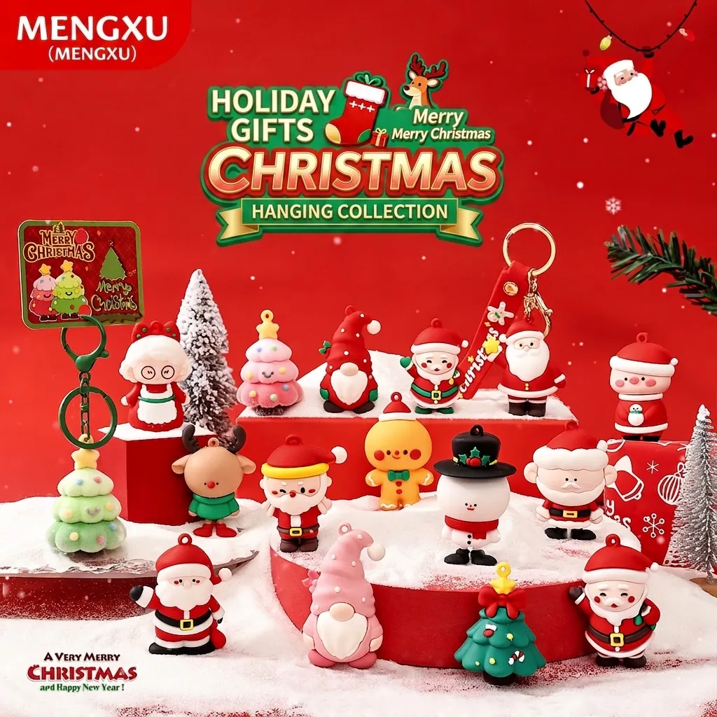 Christmas Keychain 3D Cartoon Santa Snowman Reindeer PVC Soft Silicone Keyring With Wrist Strap Cute Bag Pendant Gift