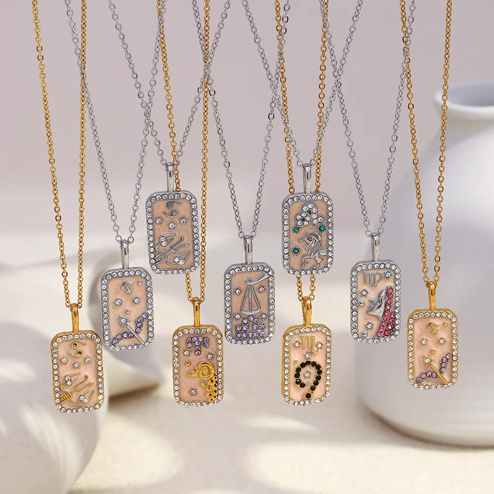 Zodiac Pendant Necklace Stainless Steel 18K Gold Plated Enamel Rhinestone Constellation Rectangle Plaque Women Jewelry