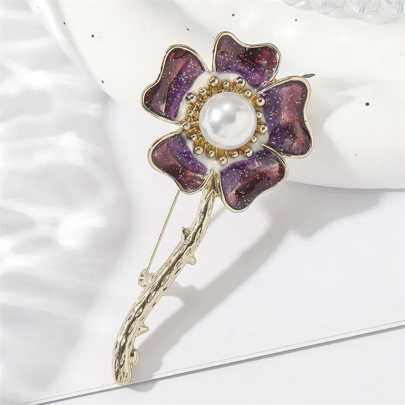 Purple Enamel Flower Brooch Alloy Faux Artificial Pearl Daisy Pin For Women Pastoral Style Floral Accessory