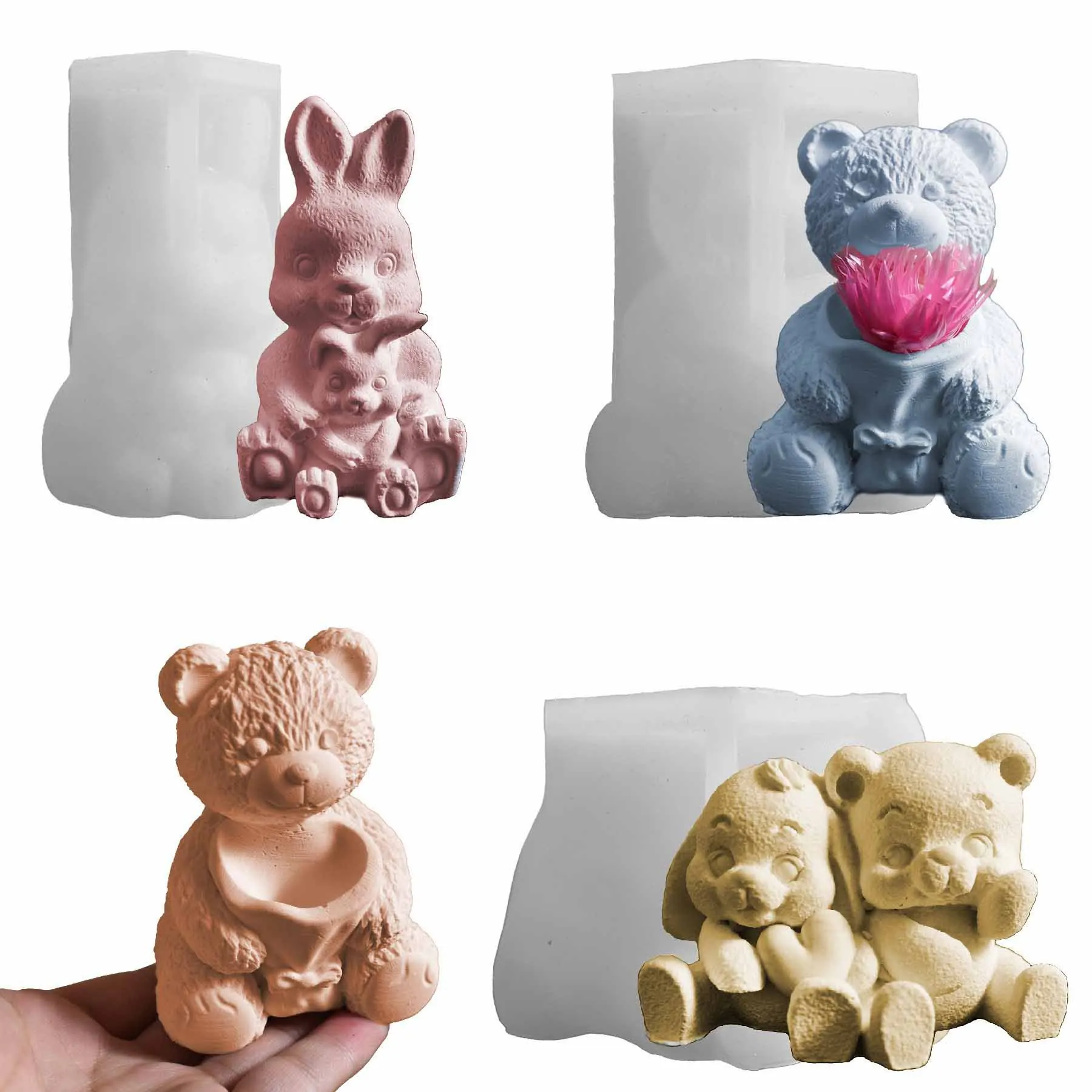 Stampi In Silicone Per Animali 3D Per Candele Coniglio Orso Cane Flessibile Riutilizzabile DIY Gesso Resina Sapone Decorazione Torte