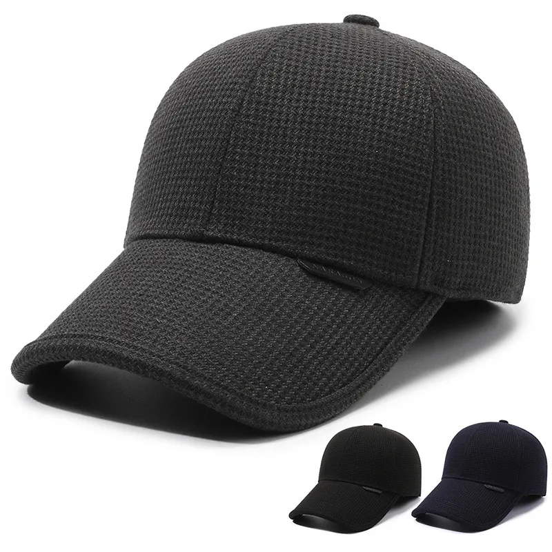 Men's Baseball Cap With Ear Flaps Fleece Lined Winter Warm Thickened Cotton Waffle Texture Adjustable Outdoor Hat