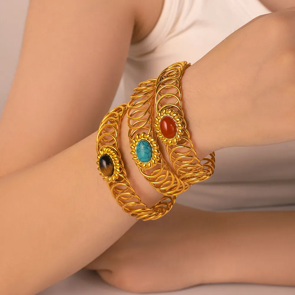 Spiral Wrap Stainless Steel Bangle Bracelet 18K Gold Plated Hollow Open Adjustable Natural Stone Vintage Jewelry For Women