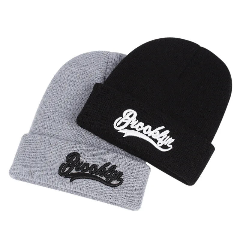 Bonnet En Tricot Coton Acrylique Broderie Brooklyn Revers Côtelé Streetwear Décontracté Unisexe Couvre-Chef Chaud