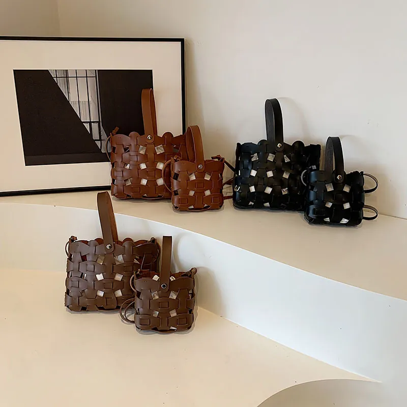 Kids Crossbody Bag Woven Hollow Out PU Leather Retro Vintage Shoulder Handbag For Children Girls Boys
