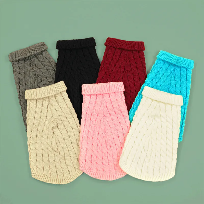 Pet Dog Sweater Cable Knit Turtleneck Winter Clothing Warm Acrylic Vest Preppy Style Plaid Dress For Cats Small Dogs