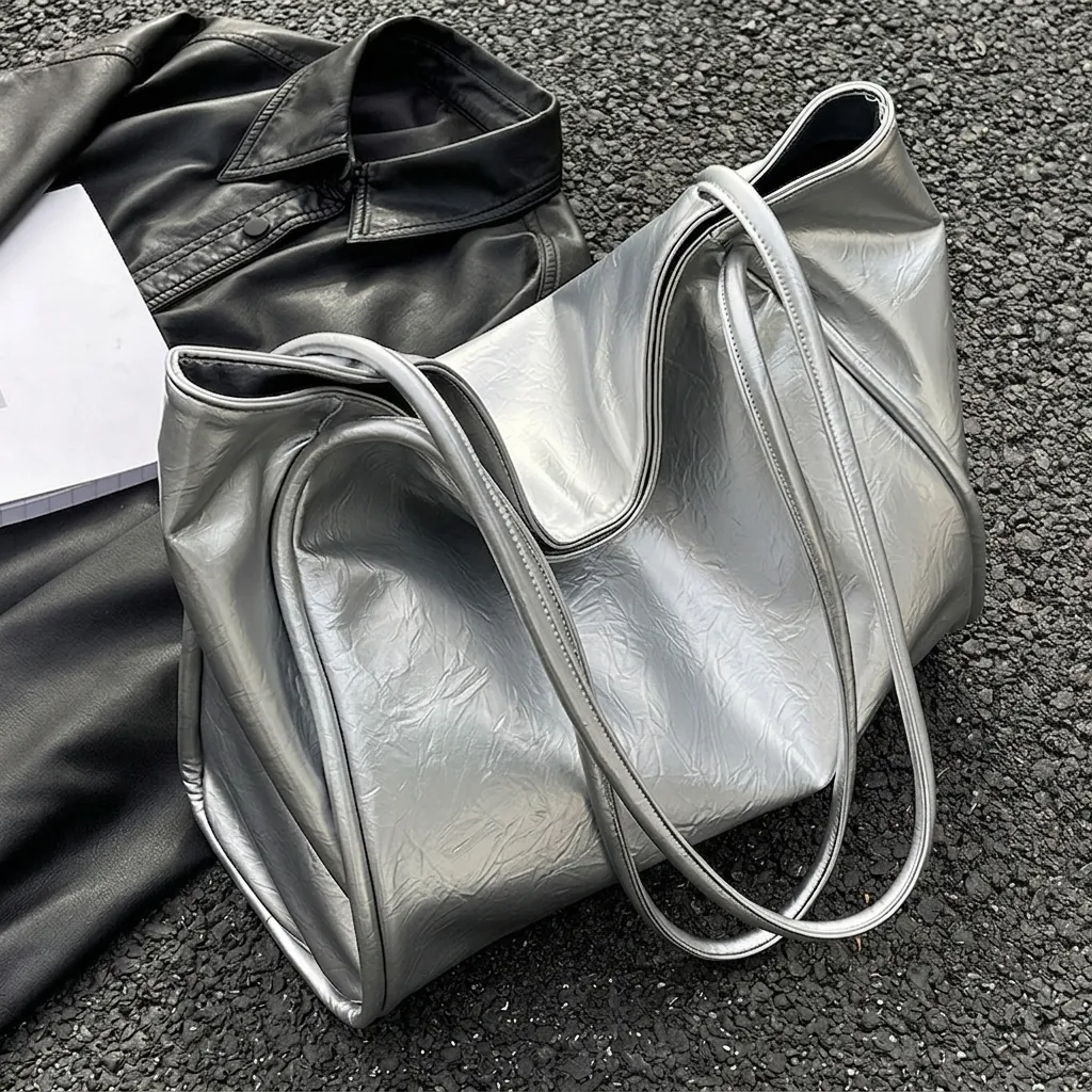 Grand Sac Fourre-Tout Porté Épaule En Cuir PU Texture Plissée Fermoir Magnétique Polyvalent Décontracté Navette Mode Femmes