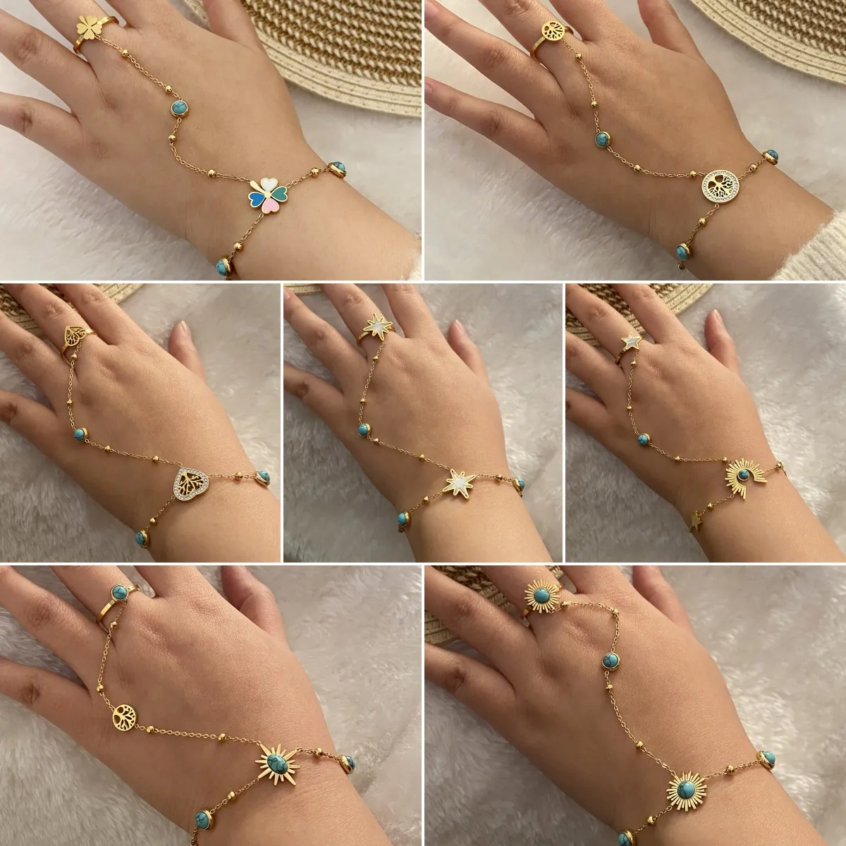 Bracelet Bague Esclave En Acier Inoxydable Pour Femme Avec Turquoise Cœur Arbre De Vie Soleil Étoile Chaîne De Main