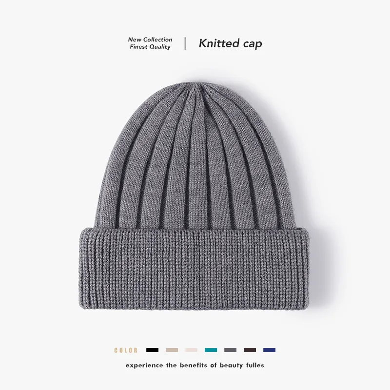 Gerippte Strickmütze Beanie Schafkaschmir Mischung Verdickt Warm Winter Umschlag Einfarbig Unisex