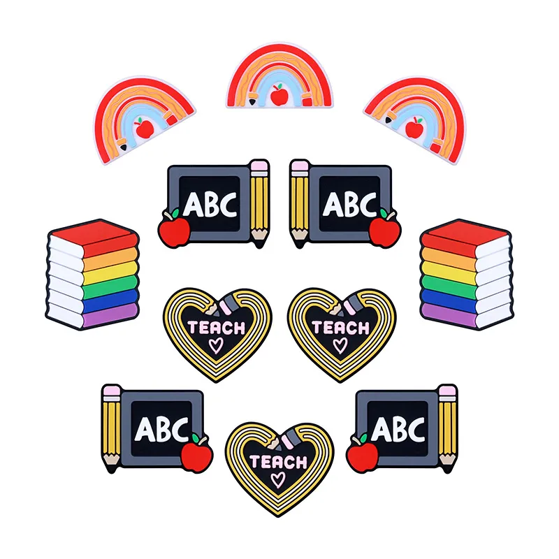 Silicone Beads Shoe Charms School Educational Theme Rainbow Pencil Blackboard Books Teacher Gift DIY Accessories
