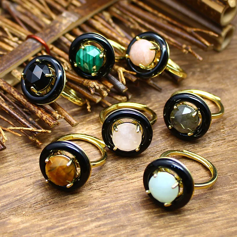 Vintage Adjustable Open Ring Faceted Natural Stone Malachite Obsidian Tiger Eye Gold Plated Alloy Statement Jewelry For Unisex