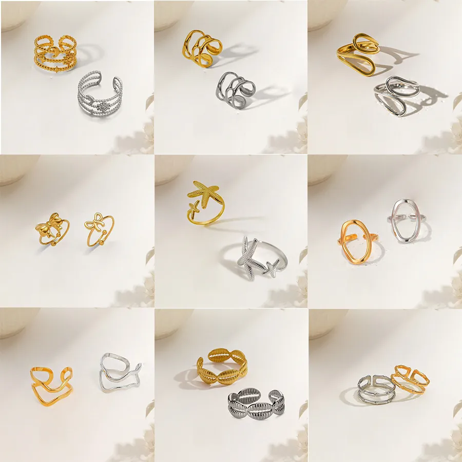 Stainless Steel Rings Open Adjustable Gold Plated Minimalist Heart Leaf Snake Butterfly Geometric Jewelry For Women