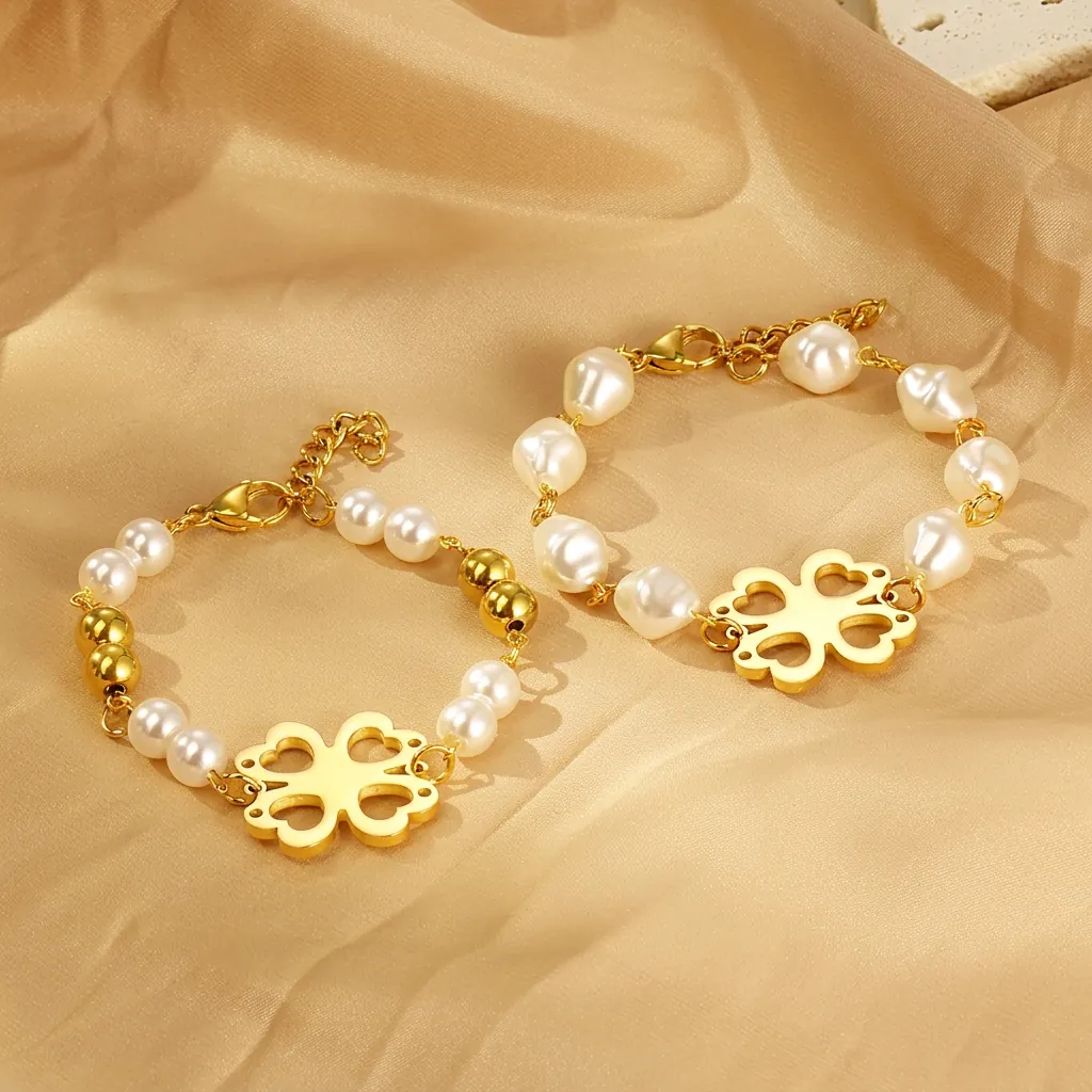 Stainless Steel Artificial Pearl Four Leaf Clover Bracelet Gold Plated Hollow Heart Pendant Adjustable Chain Women Jewelry