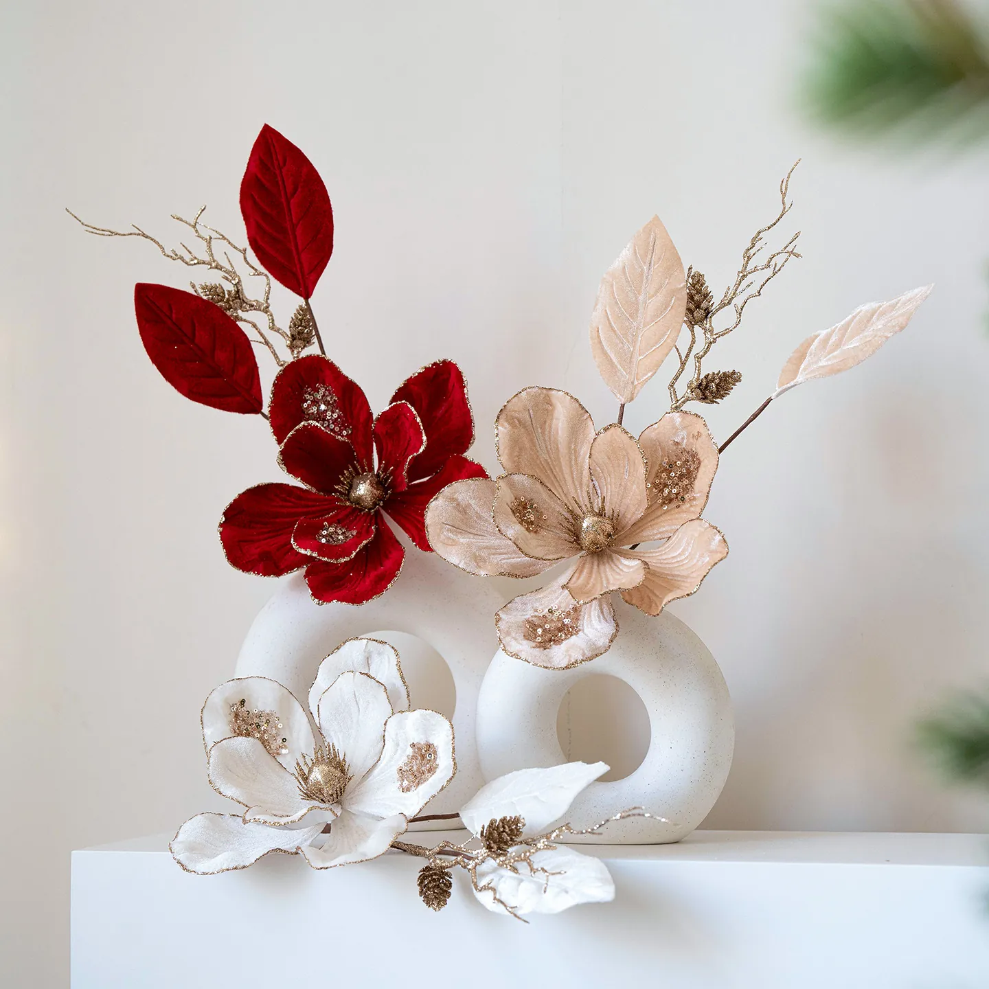 Artificial Velvet Christmas Flower Magnolia Branch With Gold Sequins Glitter Decorative Floral Picks For Home Holiday Party Decor
