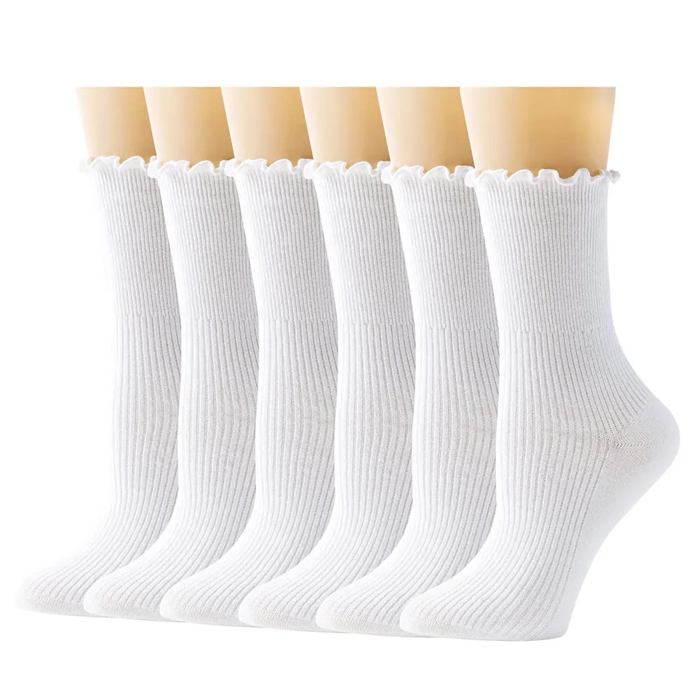Women Vintage Ruffle Trim Slouch Socks Ribbed Knit Solid Color Cotton Mid Calf Crew Socks Japanese Style Sweet Fashion Socks