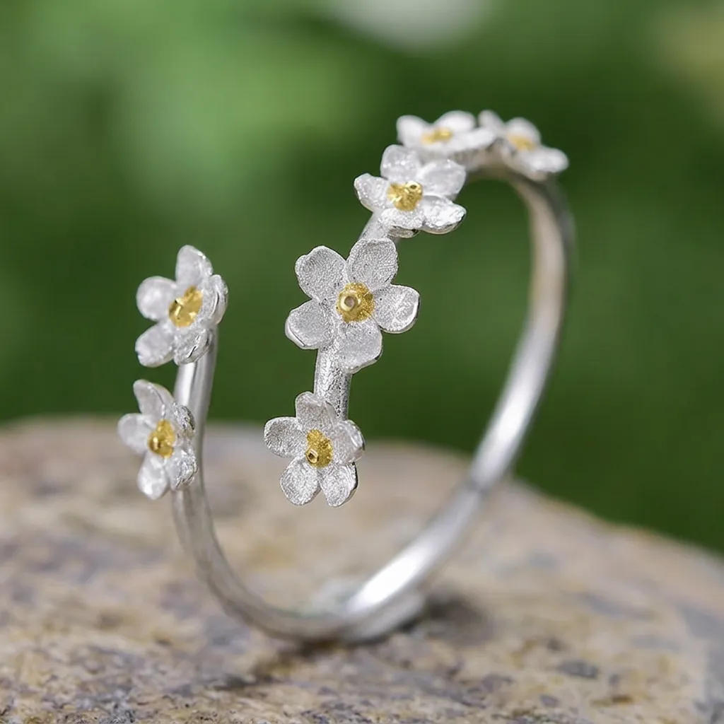 925 Sterling Silver Forget-Me-Not Flower Open Ring For Women Adjustable 18K Gold Plated Floral Finger Ring Handmade Jewelry Gift