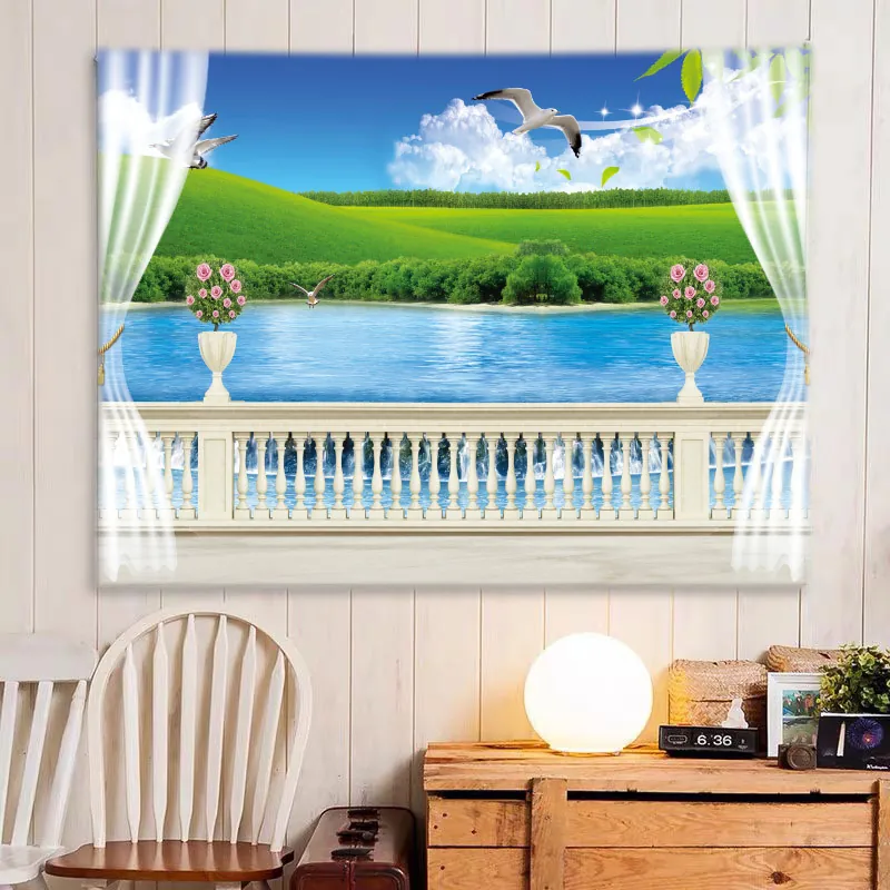 Wall Tapestry 3D Window View Nature Landscape Fabric Hanging Decor For Bedroom Living Room Polyester Durable HD Printing