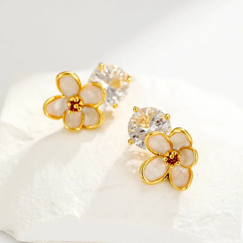 Elegant Copper Gold Plated Flower Stud Earrings With 925 Sterling Silver Post Rhinestone Enamel Floral Earrings For Women