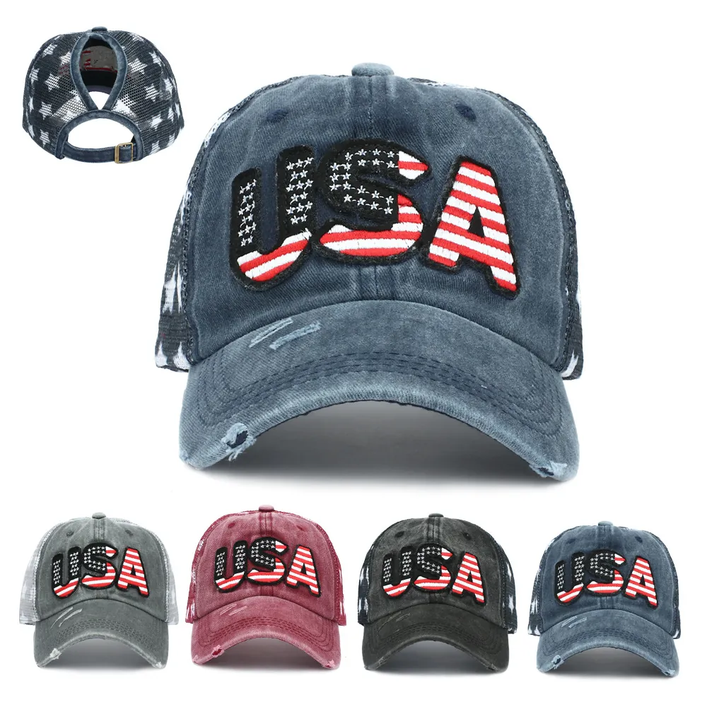 Casquette De Baseball Queue De Cheval En Coton Lavé Broderie Drapeau USA Dos En Filet Ajustable Chapeau Camionneur