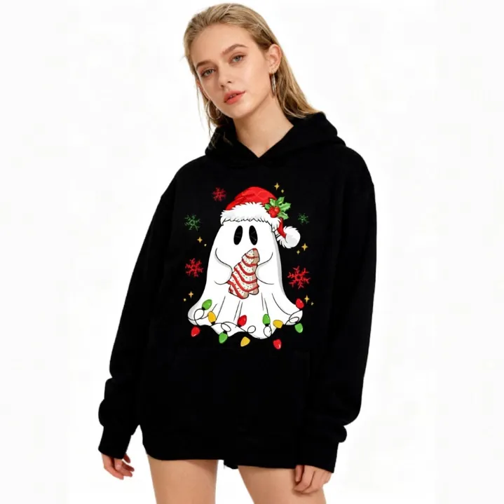 Christmas Ghost Print Hoodie Polyester Fleece Long Sleeve Pullover With Kangaroo Pocket Casual Novelty Men
