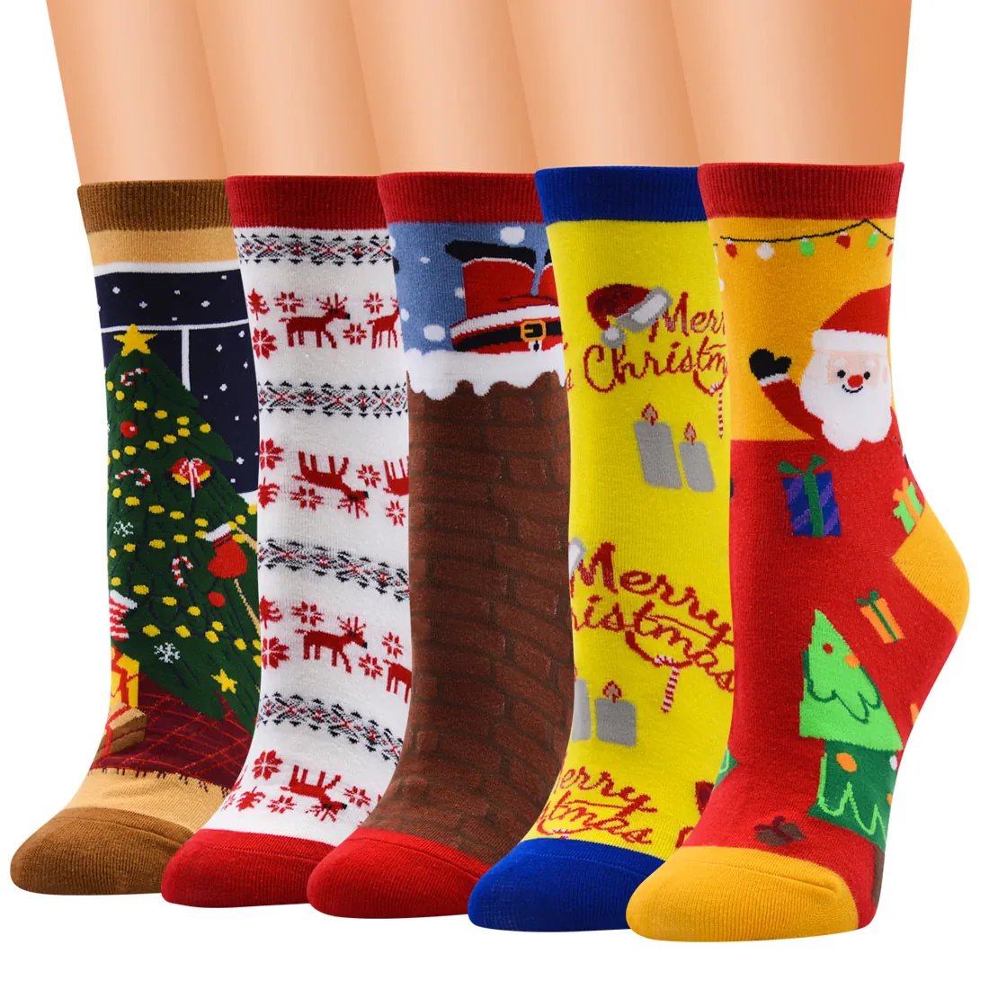 Women Christmas Cotton Socks Mid-Calf Festive Cartoon Santa Claus Reindeer Snowflake Pattern Breathable Jacquard Soft Socks