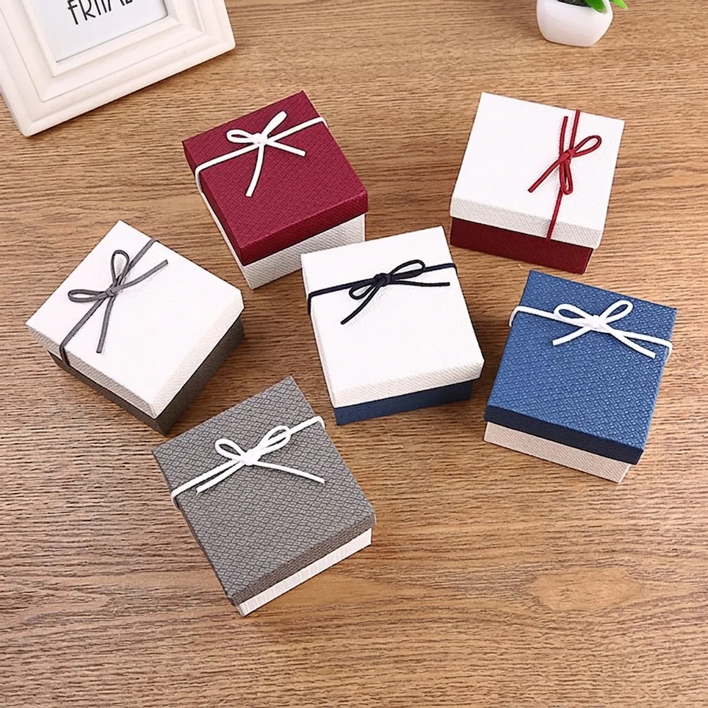 Square Jewelry Gift Box Paper Cardboard Woven Texture With Bow Ribbon And Velvet Pillow For Watch Bracelet Packaging