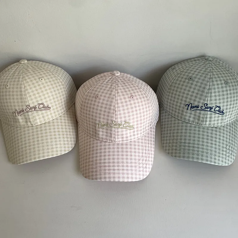 Gingham Baseball Cap Cotton Plaid Sun Hat Letter Embroidery Adjustable Soft Top Casual Sunshade Women