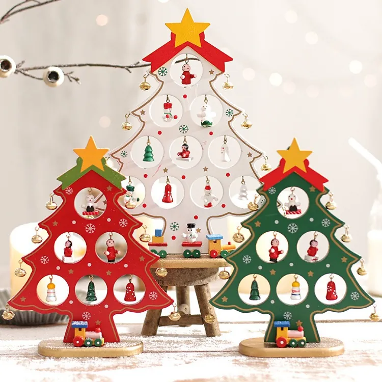 Miniature Wooden Christmas Tree Ornament Desktop Decor With Small Pendants And Train Base Nordic Style Holiday Party Gift