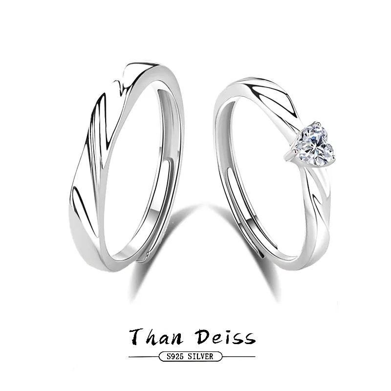 925 Sterling Silver Heart Couple Rings For Men And Women Adjustable Open Wave Band Ring Rhinestone Inlaid Fashion Jewelry Gift