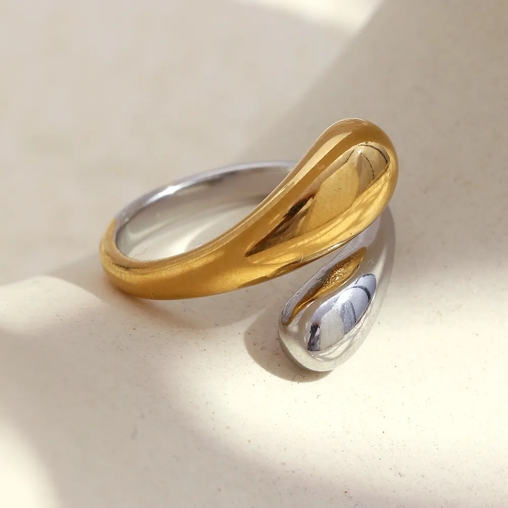 Stainless Steel Two Tone Snake Head Open Ring 18K Gold Plated Geometric Teardrop Adjustable Fashion Jewelry For Women