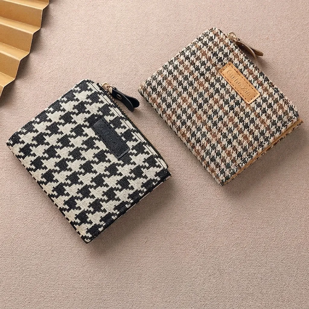 Womens Mini Short Wallet Houndstooth Pattern Canvas And PU Leather Zipper Card Holder Bifold Coin Purse Fashion Vintage Casual