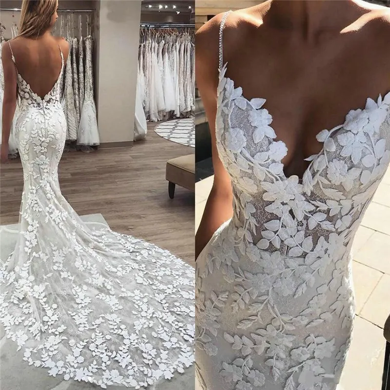 Mermaid Spitze Hochzeitskleid Rückenfrei Tiefem V Ausschnitt Spaghettiträger Langer Schleppe Französisches Vintage Brautkleid