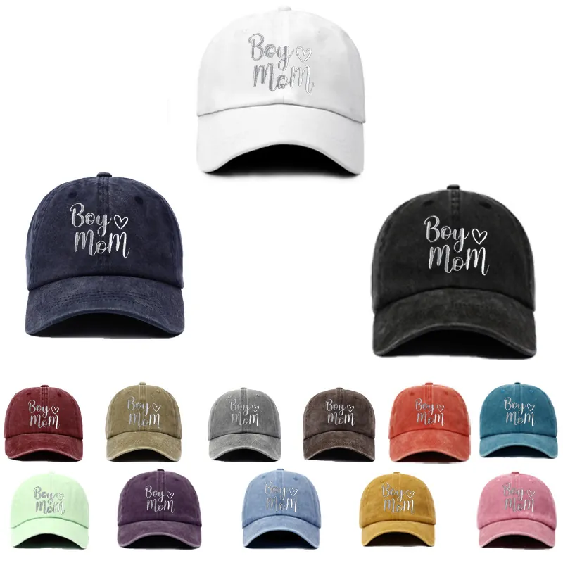 Washed Cotton Baseball Cap With Boy Mom Dad Heart Embroidery Adjustable Distressed Hip Hop Casual Hat Gift