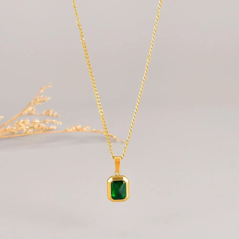 Minimalistisch Titanstahl Smaragdgrün Strass Anhänger Halskette Elegant Vergoldet Geometrische Schlüsselbeinkette Damen Schmuck