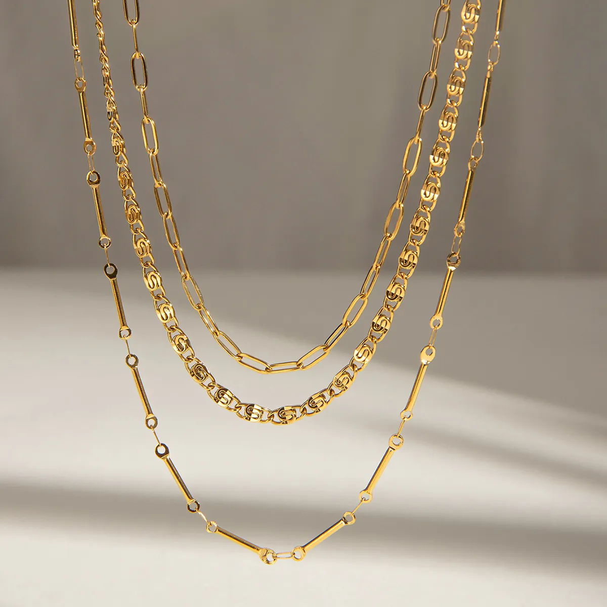 Layered Necklace Gold Plated Stainless Steel Waterproof Hypoallergenic Paperclip Snake Chain Jewelry For Women Elegant