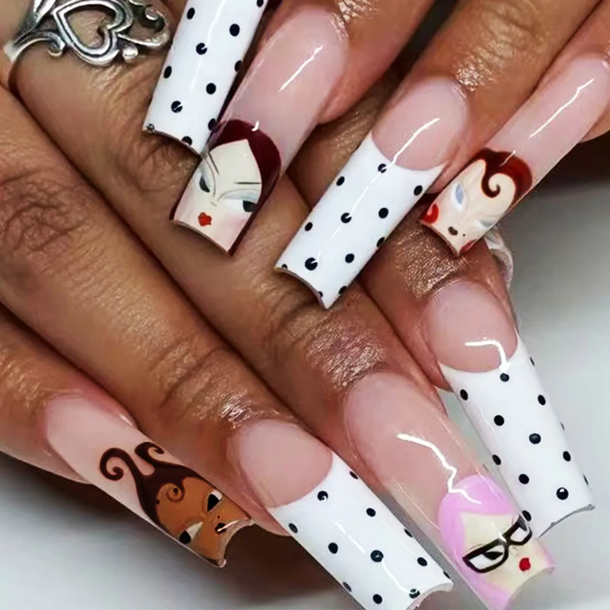 Long Square Press On Nails French Polka Dot Cartoon Avatar Art Design Artificial Fingernails For Women