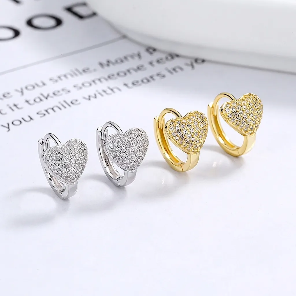 925 Sterling Silver Heart Hoop Earrings Pave Cubic Zirconia Minimalist Ins Style Fashion Jewelry For Women