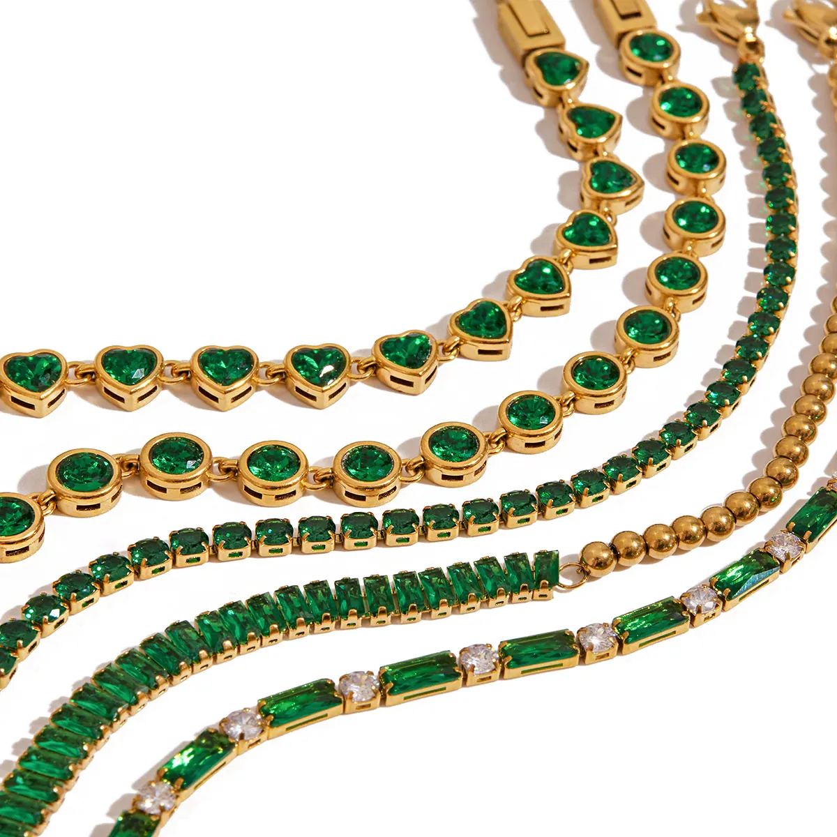 Vintage Green Zircon Tennis Bracelet 18K Gold Plated Stainless Steel Waterproof Hypoallergenic Square Heart Luxury Jewelry Women