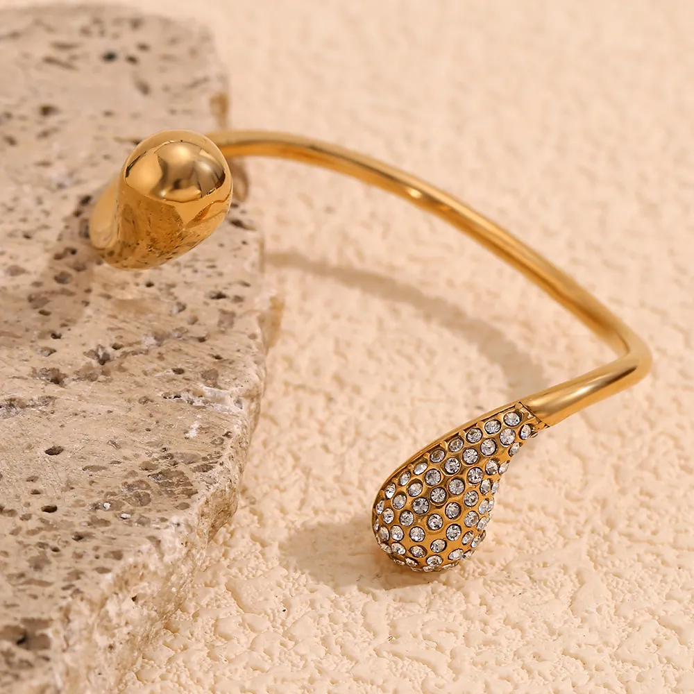 Water Drop Open Cuff Bangle Stainless Steel 18K Gold Plated Rhinestone Elegant Geometric Jewelry For Women