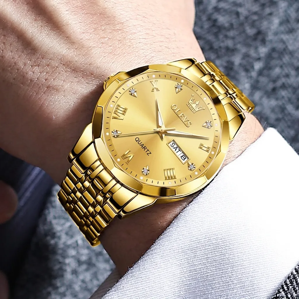 Men Quartz Watch Stainless Steel Band Waterproof Luminous Day Date Display Business Fashion Casual Wristwatch