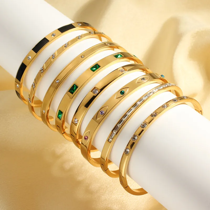 Vintage 18K Gold Plated Stainless Steel Bangle For Women Rhinestone Inlaid Open Cuff Bracelet Geometric Evil Eye Jewelry