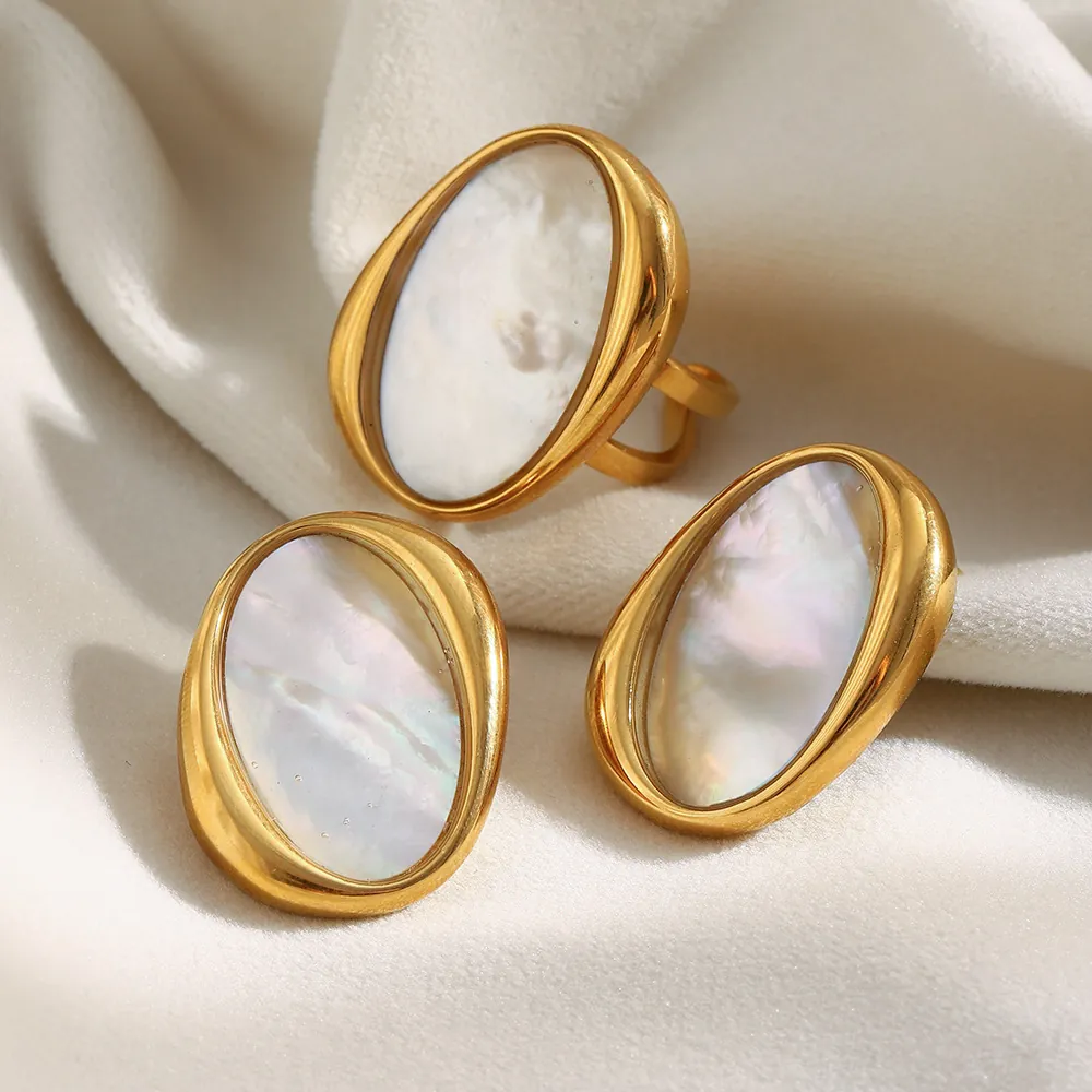 Geometric Oval White Mother-Of-Artificial Pearl Stud Earrings And Open Ring Stainless Steel 18K Gold Plated Jewelry For Women