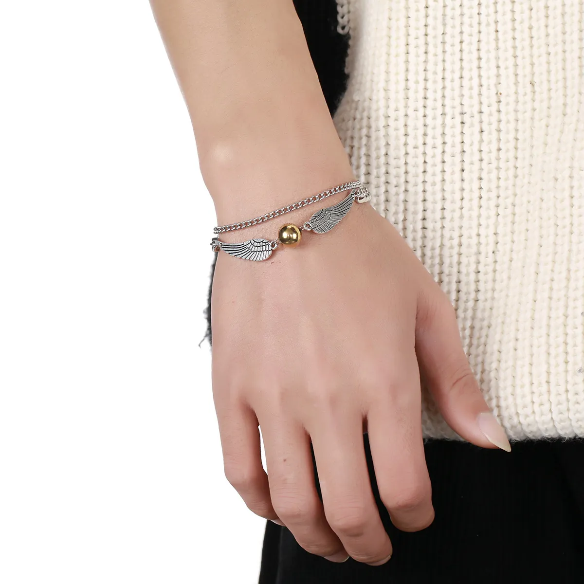 Layered Stainless Steel Chain Bracelet With Alloy Angel Wings And Round Bead Adjustable Jewelry For Men Women
