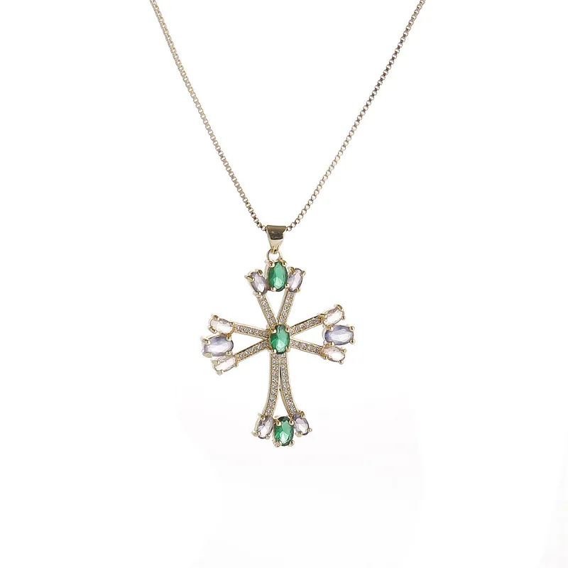 Kupfer Kreuz Anhänger Halskette Mit Grün Violett Zirkonia Mikro-Set Box Kette Schmuck Für Damen Herren