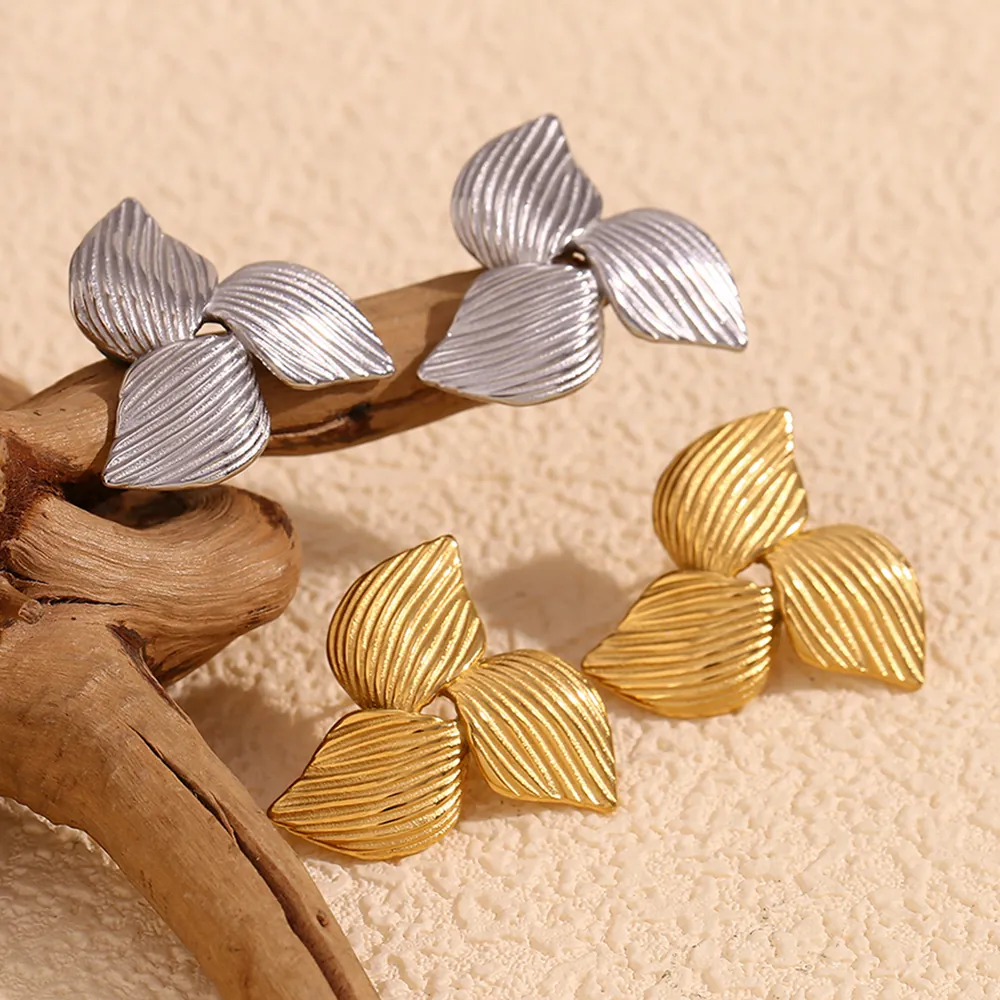 Women Stainless Steel Earrings 18K Gold Plated Boomerang Leaf Shape Stud Earrings Textured Brushed Metal Geometric