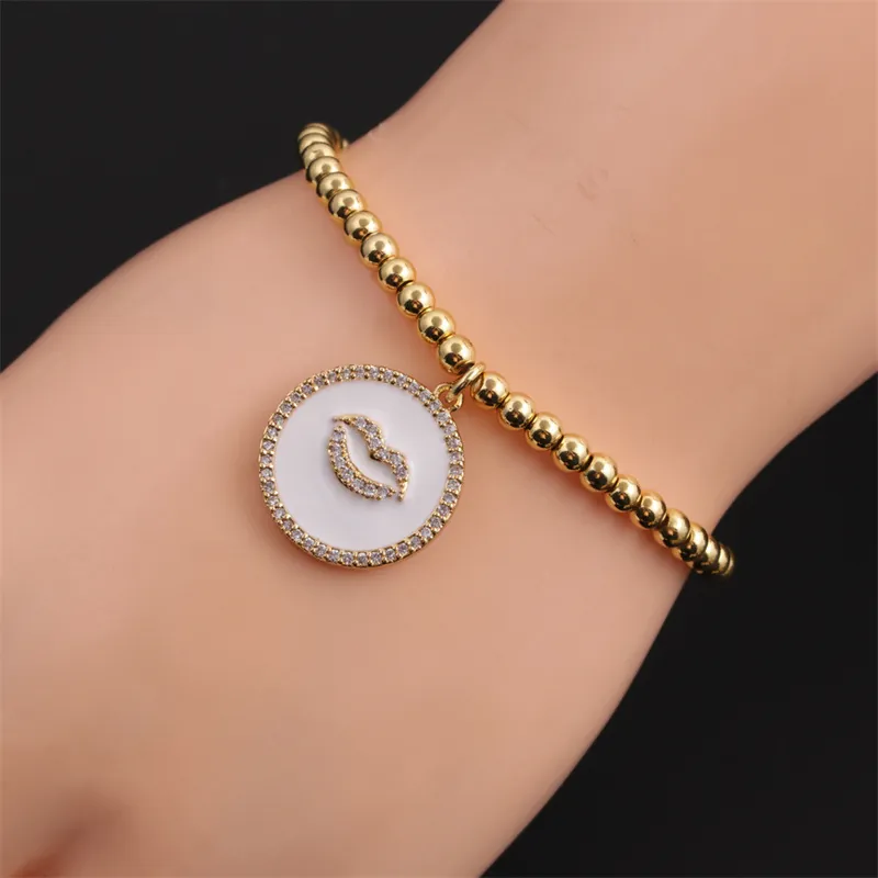 Bracciale Di Perline Di Rame Placcato Oro Di Moda Pendente Labbra Smalto Bianco Con Strass Gioielli Elastici Donne