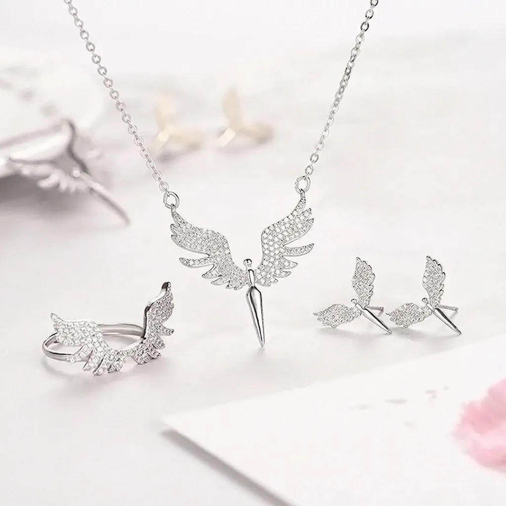 Collier Pendentif Ailes D'Ange Acier Titane Zircone Cubique Bijoux De Mode Aile D'Ange Pour Femmes